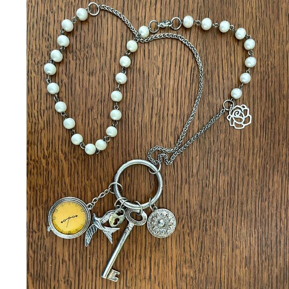 Vintage Key Necklace Pearl Charms Layered Bird Flower Timepiece Watch  26" - Picture 1 of 7